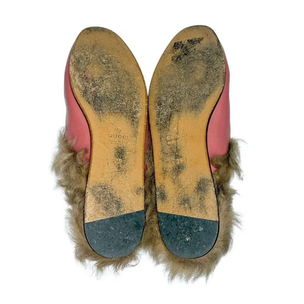 Gucci Princetown Horsebit Fur Mules EU 37 Lipstick Rose Leather Flat Slippers